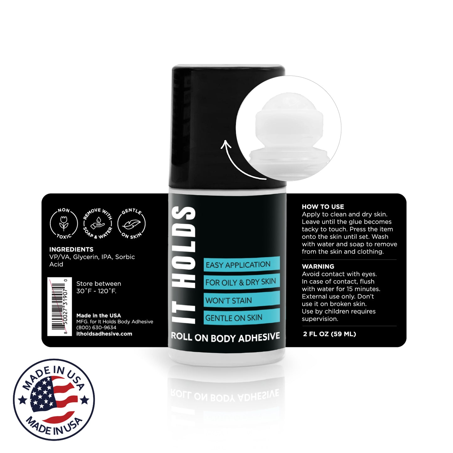 IT HOLDS Roll On Body Adhesive, Sweat Resistant, For Oily and Dry Skin, Clear & Non-Toxic- 2.0 Ounce Made In USA